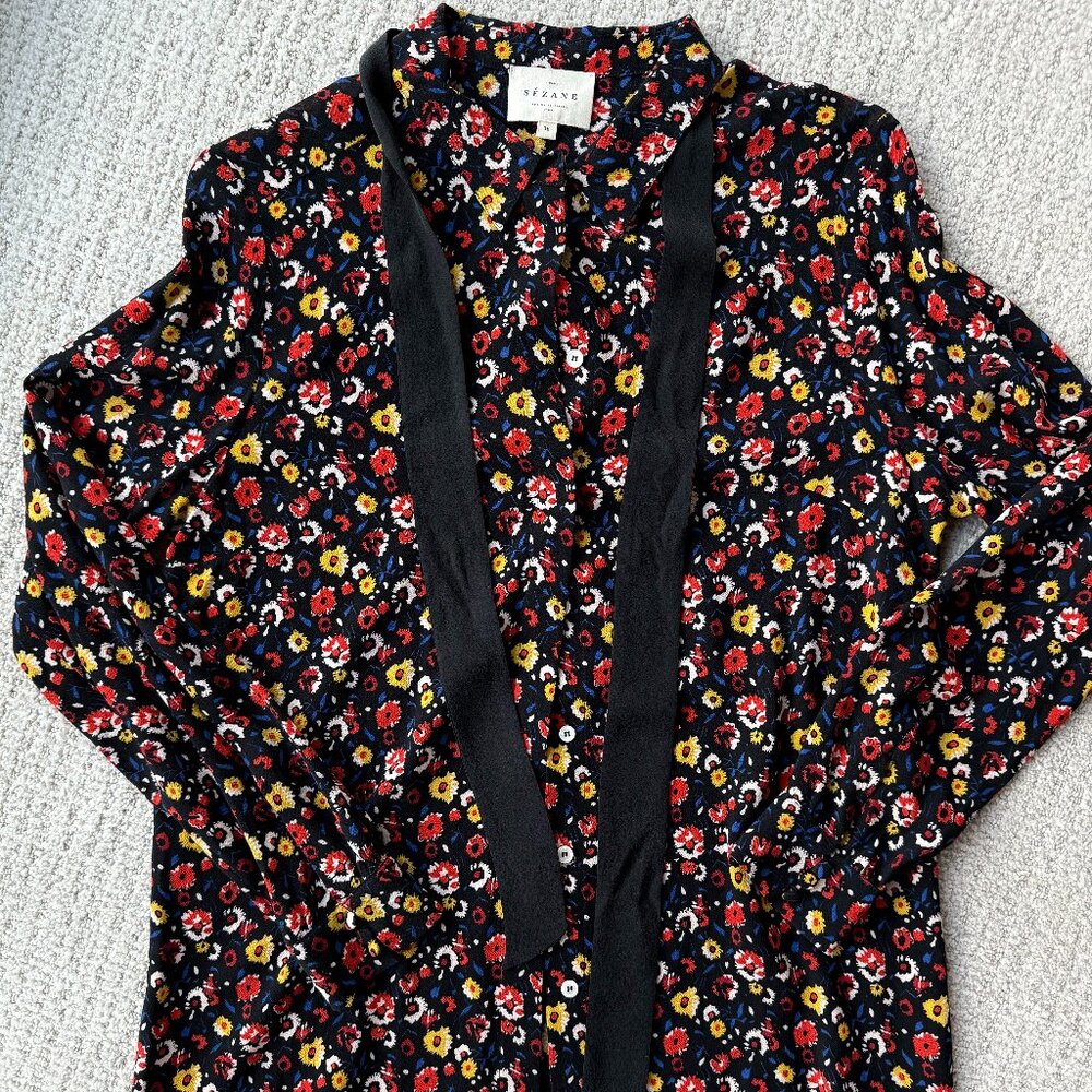 Sezane Black Floral Tuxedo-Style Blouse - Picture 2 of 6